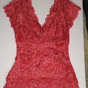 XS, lace, bead and sequin, dark salmon top from le'chateau